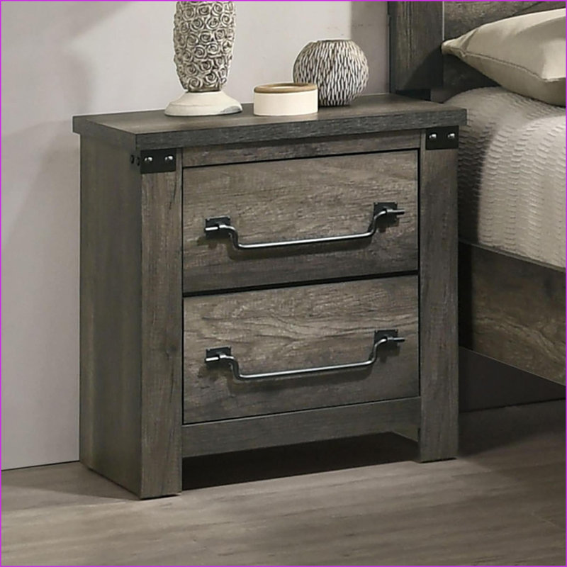 Rustic Gray Farmhouse Nightstand with Antique Brass Handles