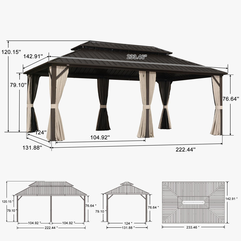 Aluminum Patio Hardtop Bronze Gazebo with Privacy Curtain and Mosquito Netting, 120.15" H x 233.46" W x 142.91" D