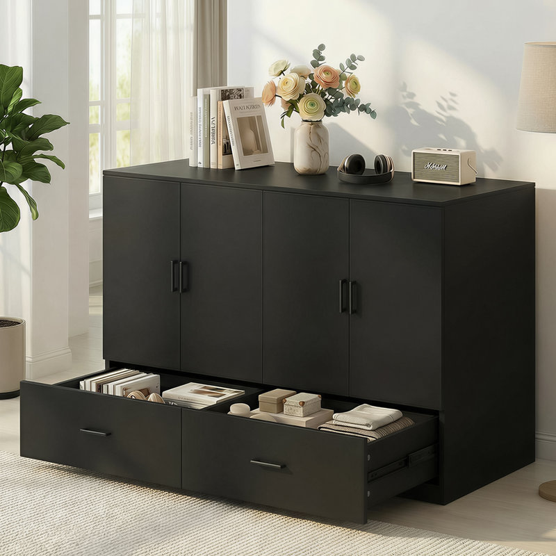 Queen Murphy Bed with RGB LED Light & Storage Drawer, Black