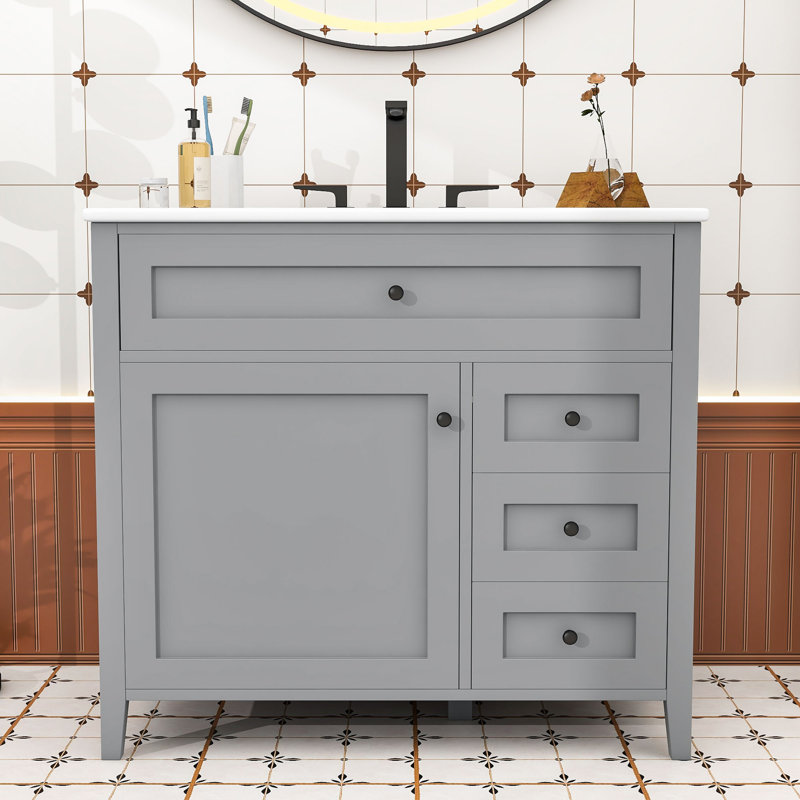 Meuble-lavabo autoportant moderne avec lavabo en céramique durable, tablette réglable et rangement spacieux, Grey