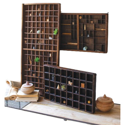  Wooden Printers Tray Wall Shelf, 12" H Vintage Display Made of Recycled Wood in Brown