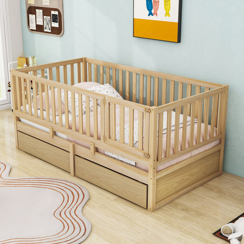 Wooden Daybed with Safety Guardrails and Convertible Split Design, Natural, Twin