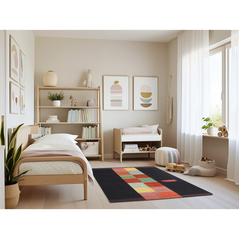 Tapis noir/orange/jaune contemporain, Rectangle 3 pi x 5 pi