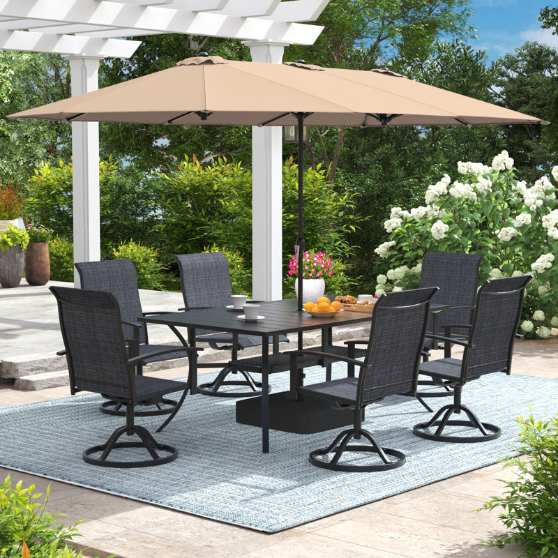 6-Person Rectangular Patio Dining Set With Umbrella & Textilene Swivel Chairs, Black/Beige