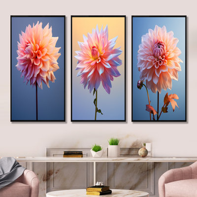 Coral et bleu Dahlia Dance - ensemble de 4 impressions sur toile Dahlia