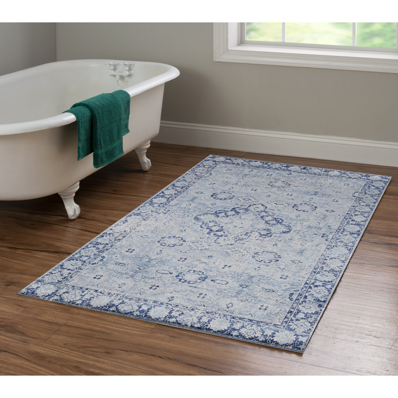 Emanuel Traditional Machine Woven Flatweave Light Blue and Blue Area Rug with Non Skid Backing , Rectangle 3'3" x 5'