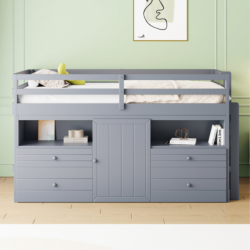 Lit mezzanine avec tablettes et 4 tiroirs, Gris
