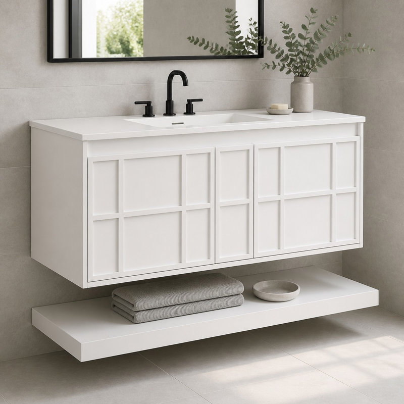 Meuble-lavabo mural blanc de 122 cm (48 po) avec comptoir en composite, deux grands tiroirs et tablette flottante