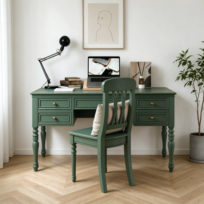 Bureau en bois massif vert avec 5 tiroirs