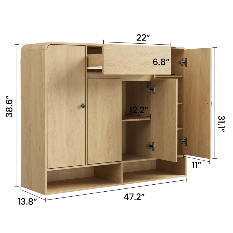 Range-chaussures autoportant en bois - 4 portes et 1 tiroir - Rangement de vestibule moderne avec tablette inférieure ouverte, coins arrondis semi-circulaires, rangement de couloir de grande capacité - couleur bois naturel