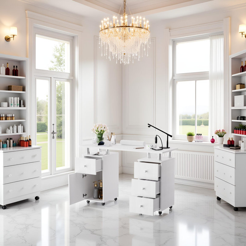 Bureau à ongles 47 po pour Nail Tech - Table de manucure avec tiroirs / repose-poignets / roues verrouillables, station de clouage résistante à l'acétone