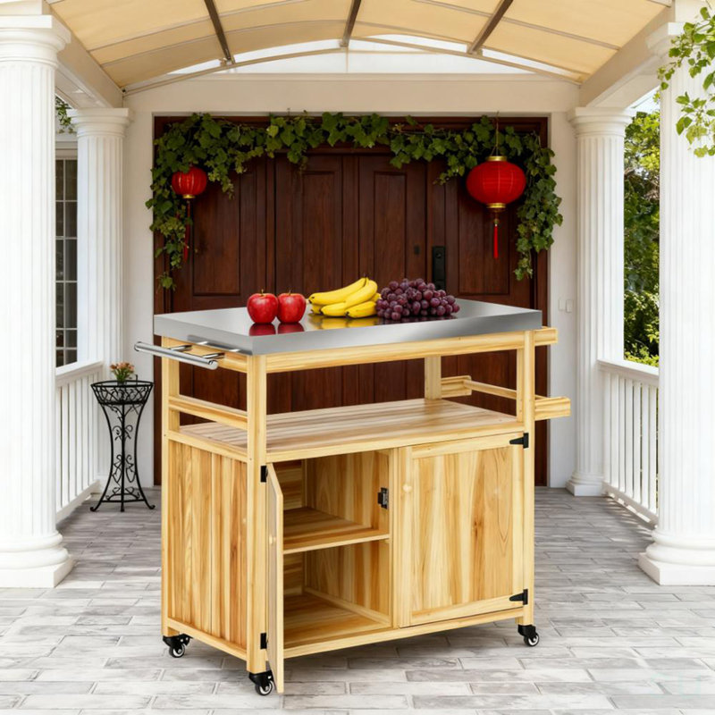 Solid Wood Outdoor Kitchen Island,Outdoor Grill Cart,With Stainless Steel Top,Wheels, Storage Cabinets, Natural Wood
