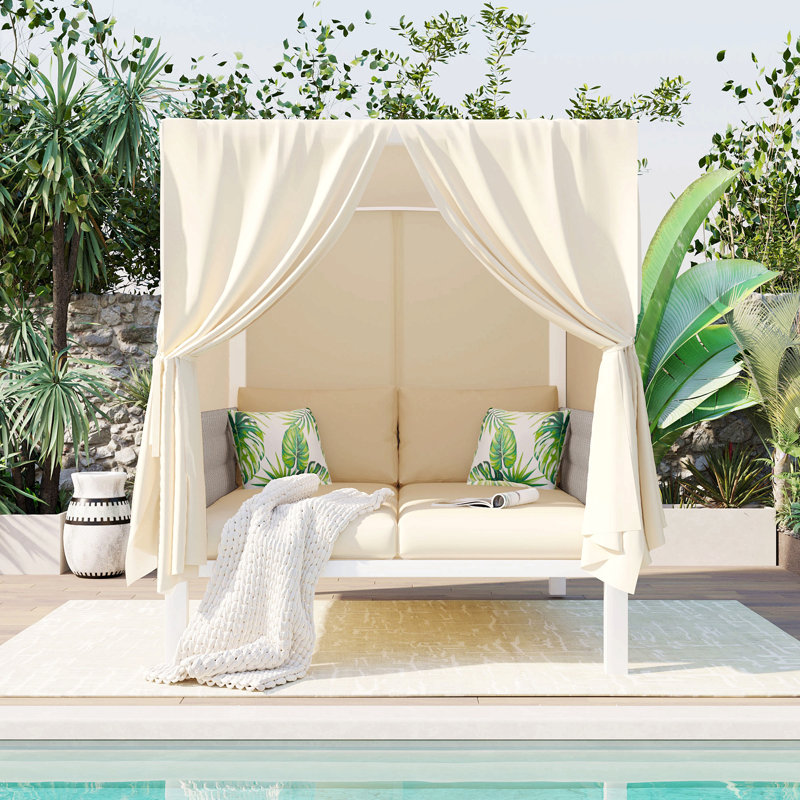 Lit de bronzage d'extérieur avec rideaux, grand confort, adapté à de multiples cas de figure, Beige