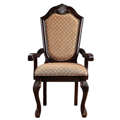 2 chaises avec accoudoirs beiges et arqués, siège en bois, tissu de revêtement brun clair, pieds exquis et dossier, siège avec garniture, revêtement, élégant