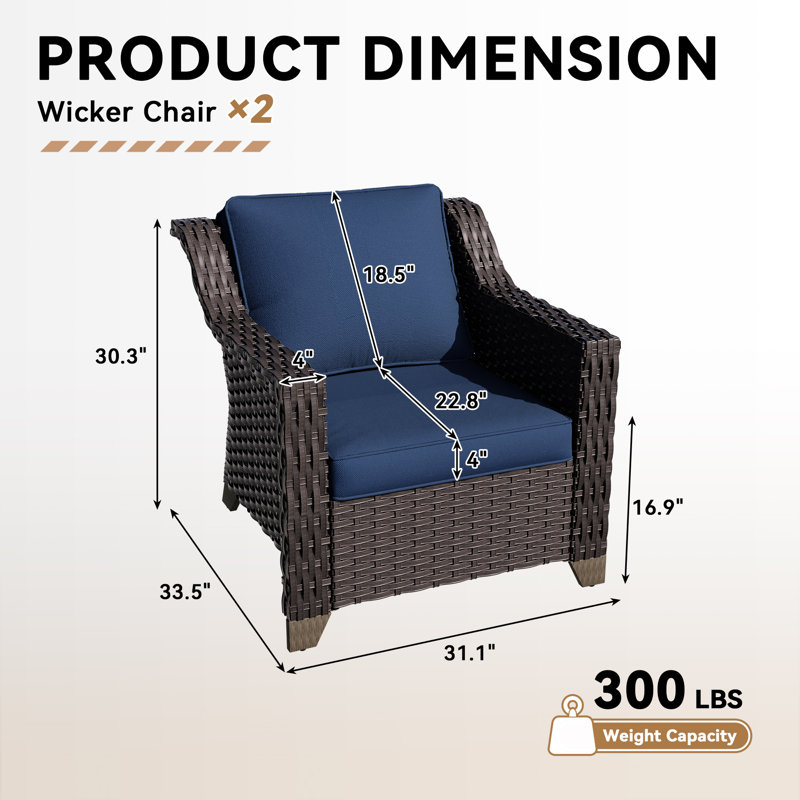 Minghui Outdoor Wicker Lounge Chair Set of 2 with Plush Cushions, Blue
