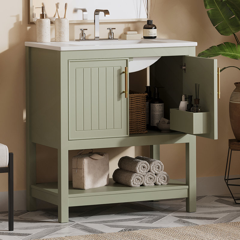 Meuble-lavabo de salle de bain avec lavabo en céramique et rangement polyvalent, Green