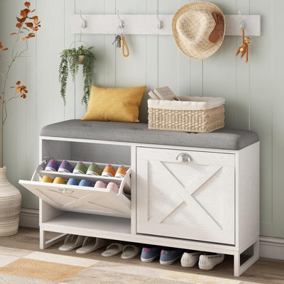 Banc de rangement pour chaussures avec tiroirs rabattables, portemanteau et coussin de siège - organisateur de vestibule avec 5 crochets en métal et système de verrouillage mural