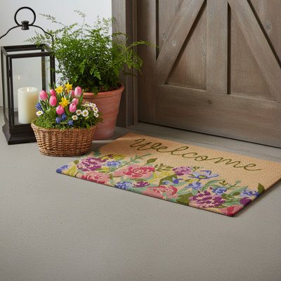24" X 36" Brown Green And Pink Floral Welcome Outdoor Coir Door Mat