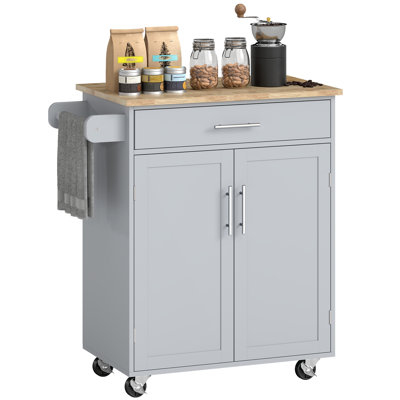 Kitchen Island Cart, Rolling Island Table with Solid Wood Top, Trolley Cart with Drawer