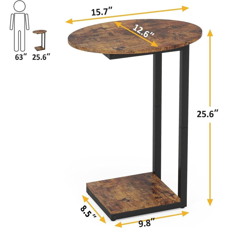 Side Table Small End Table, C-Shaped Wood Sofa Table With Metal Frame For Living Room, Bedroom, Small Spaces (Rustic Brown)