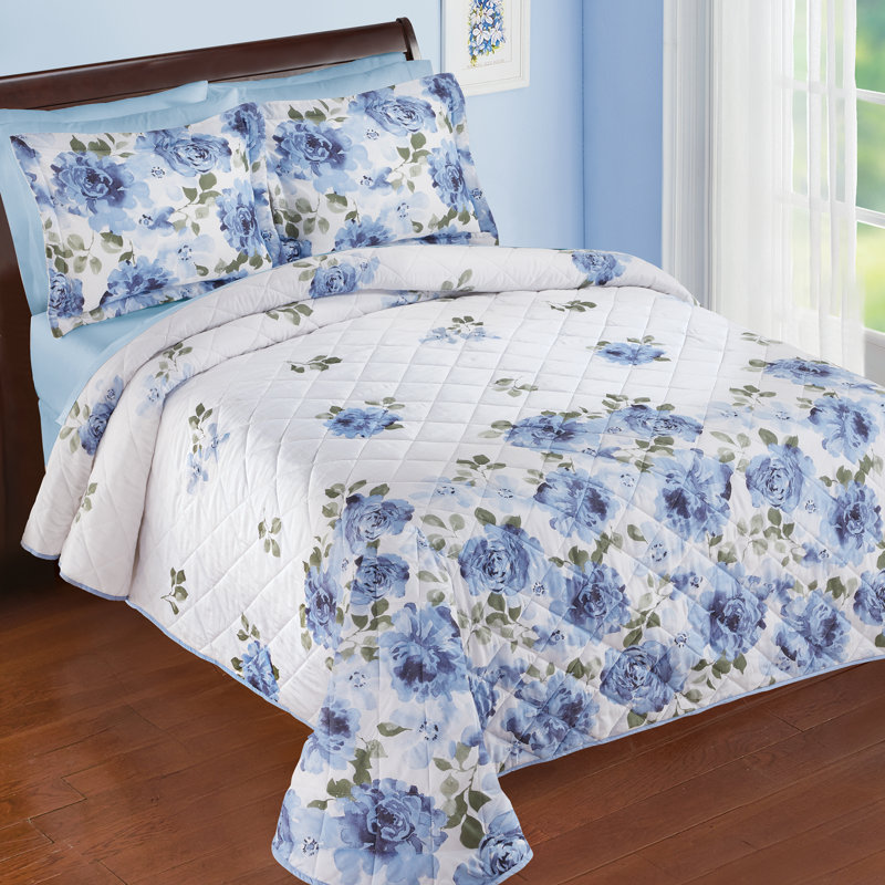 Full Blue Cotton Floral Design Quilted Bedspread Set