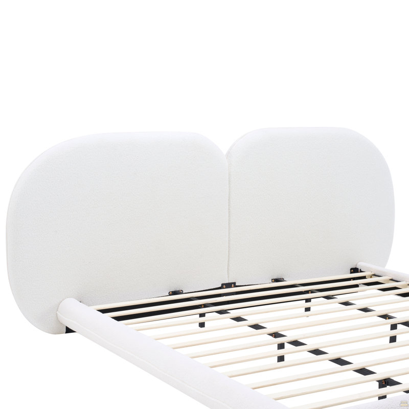 Structure de lit tapissier extra épais avec tête de lit fendue luxueuse, tissu molletonné Teddy, 800 lb, robuste, facile à assembler, blanc, très grand