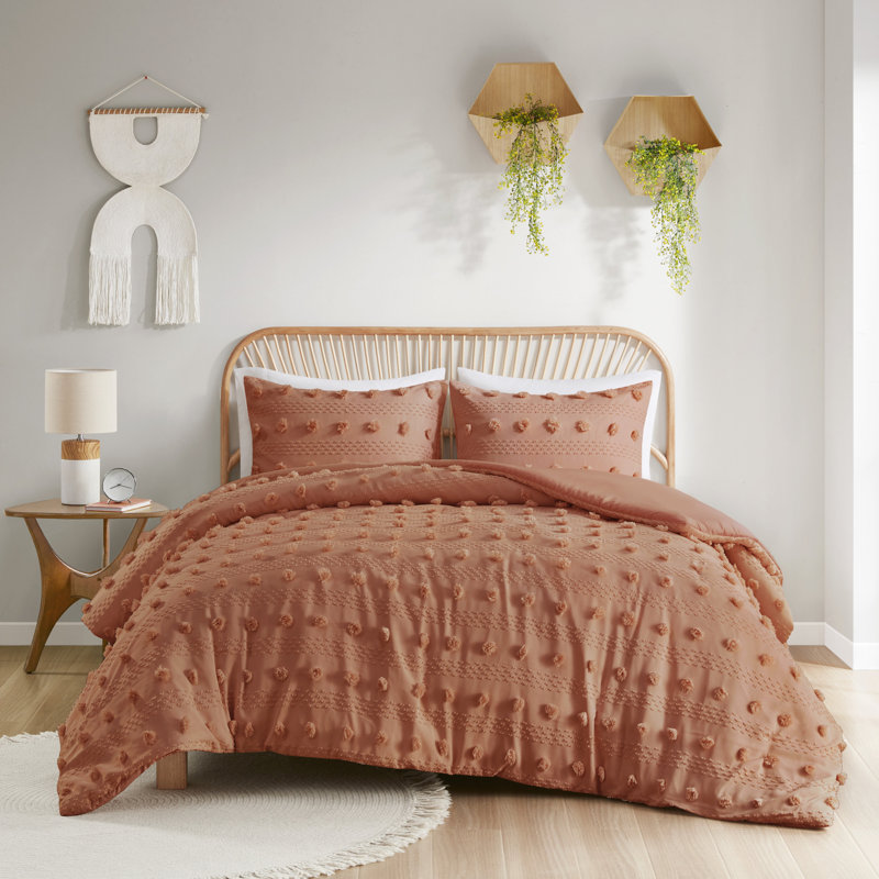 Lucy Clip Jacquard Duvet Cover Set, Full/Queen Duvet Cover + 2 Standard Shams, Rust