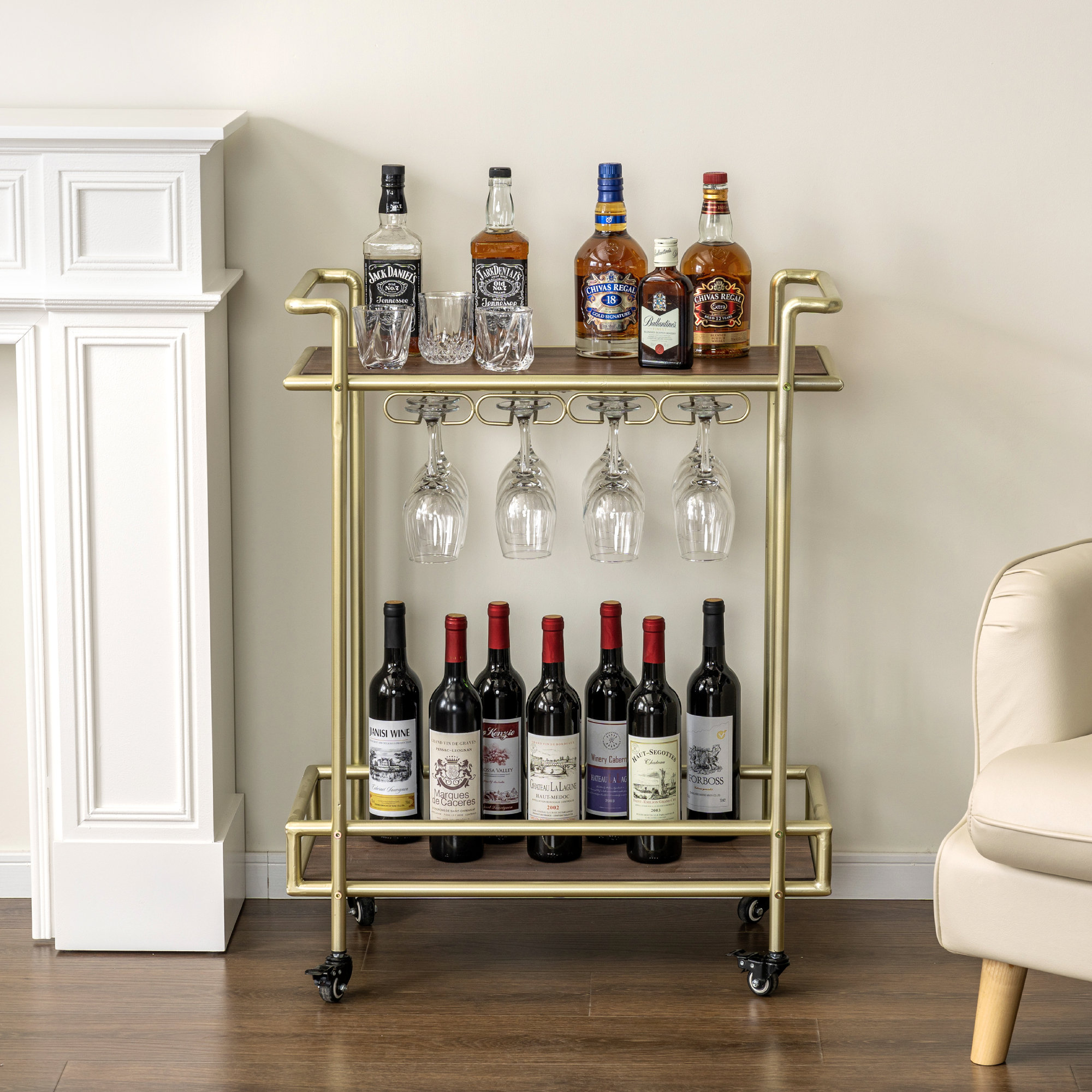 Mercer41 Warvan Freestanding Bar Cart Wine Glasses Bottle Rack | Wayfair