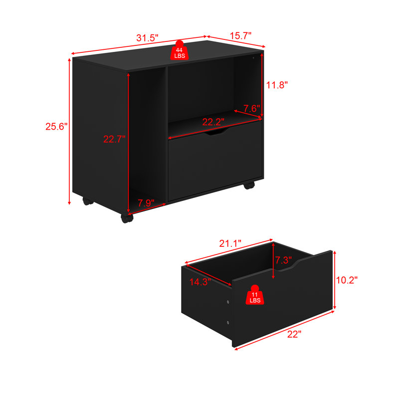 Mobile Storage Cabinet With Wheels, Modern Rolling Storage Unit With 2 Open Shelves And 1 Drawer, Compact Wooden Side Cabinet For Living Room Or Bedroom