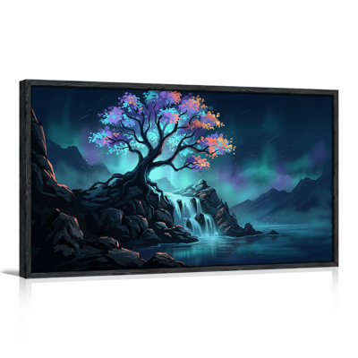 Arbre et cascade illuminés et colorés sous un ciel nocturne d'aurores boréales - Toile murale