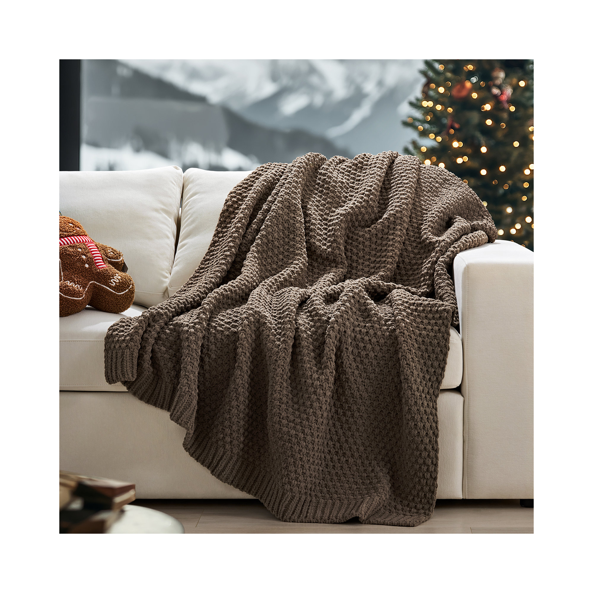 Chunky Chenille Knit Throw Blanket, 80" L x 60" W, Mocha Brown