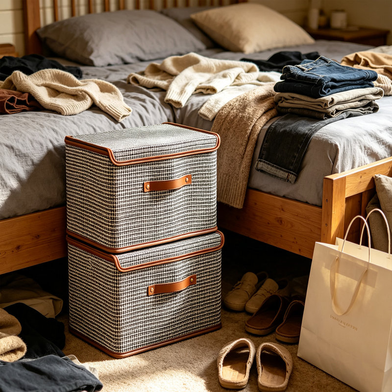 Ensemble de 2 bacs de rangement pliables avec couvercle et poignée avant, panier de rangement en tissu de grande capacité pour les vêtements, la literie, les serviettes, les livres et les articles divers, boîte de rangement empilable pour la chambre à coucher, le placard, le salon
