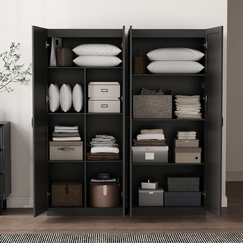 Cornelia Modern Storage Closet with 11 Fixed and Adjustable Shelves in Black, Black