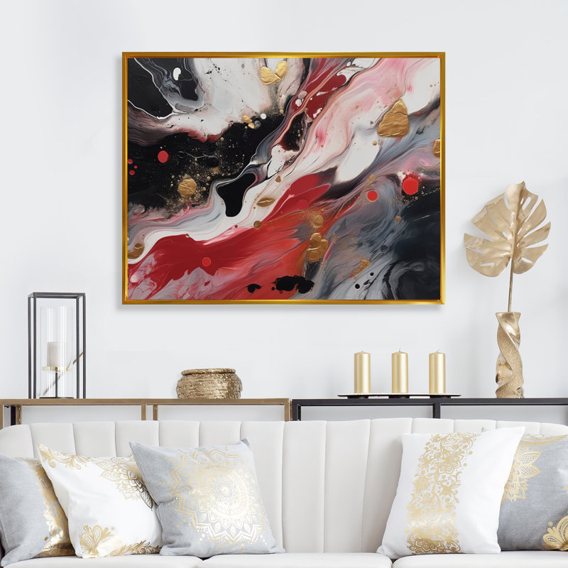 Red and Black Marble Whispers III - Art mural abstrait en marbre, Cadre flottant doré, H 12 po x l 20 po x P 1 po