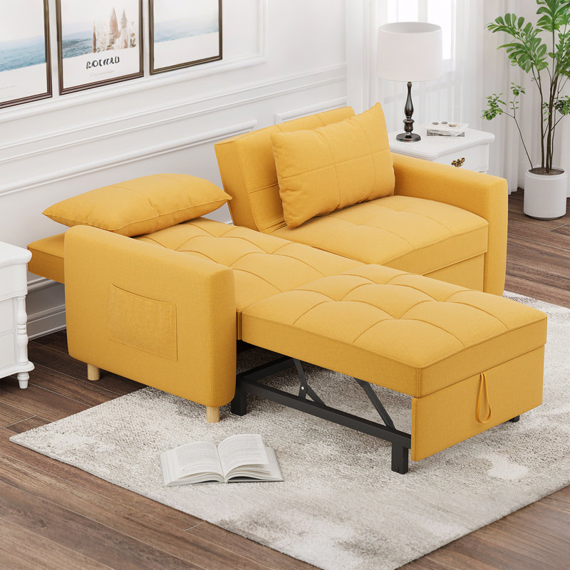 2 Seater Linen Sofa Bed, Yellow