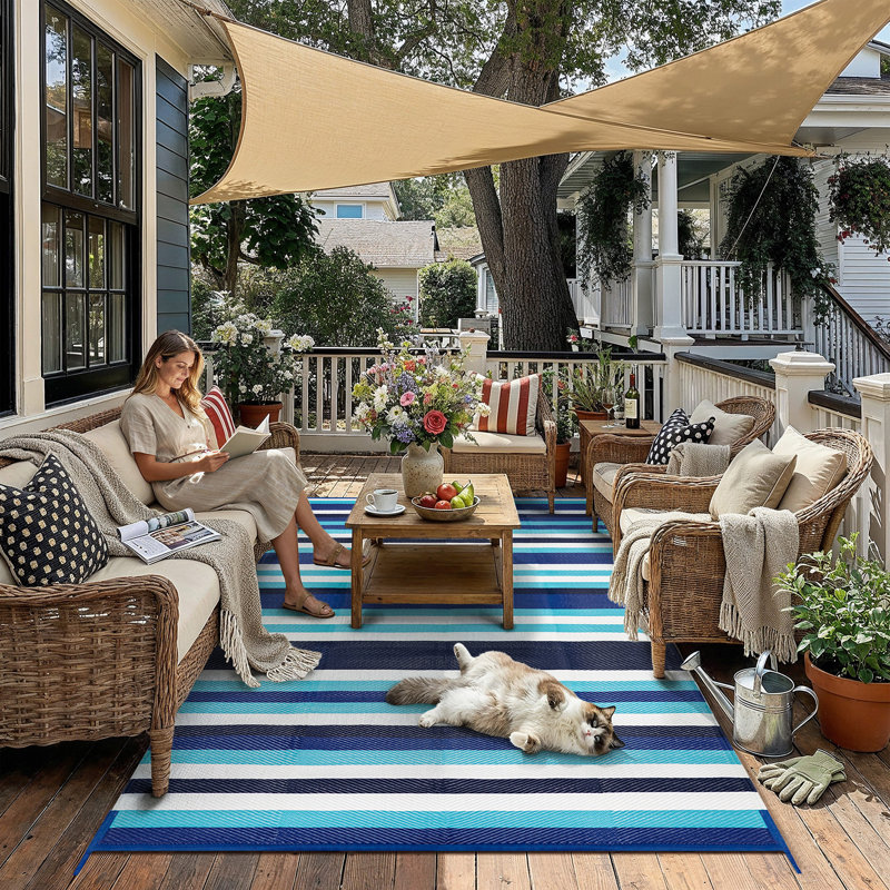 Tapis d'extérieur à rayures réversible imperméable Ellie, Rectangle de 5 pi x 8 pi, Bleu
