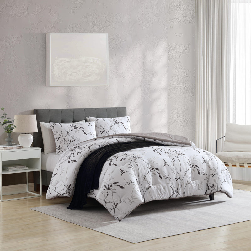 Full Black and Warm Grey Microfiber Reversible Bedspread Set