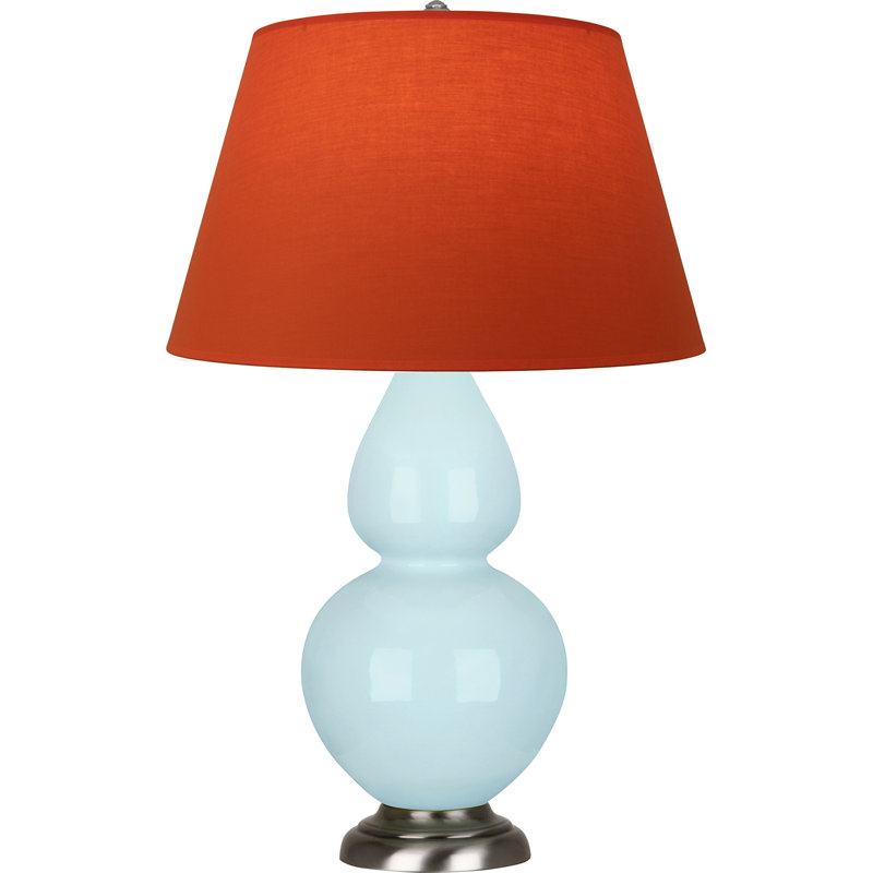 Lampe de table double gourde en céramique, Bleu bébé verni / argent antique, Tangerine / doublure taupe, Argent argent