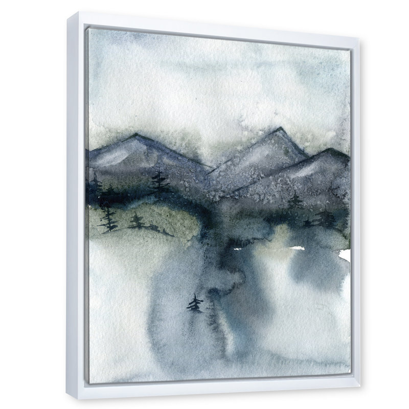 «Minimalistic Landscape of Mountains Trees and Snow», peinture sur toile à cadre flottant, Toile blanche encadrée