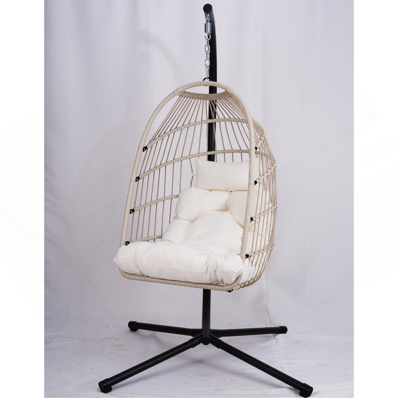 Fauteuil suspendu d'extérieur avec support et chaise pivotante en osier, Gris clair, Blanc cassé