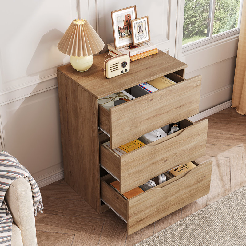 Commode à 3 tiroirs de 23,5 po, commode avec poignée découpée et grand espace de rangement, Bois naturel