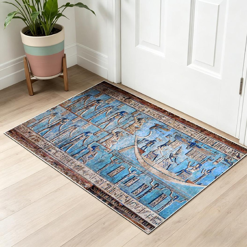 Blue Interior Walls Ancient Egyptian Egypt Wall Art Nile History Machine Washable Indoor Area Rug, Rectangle 32" x 47"