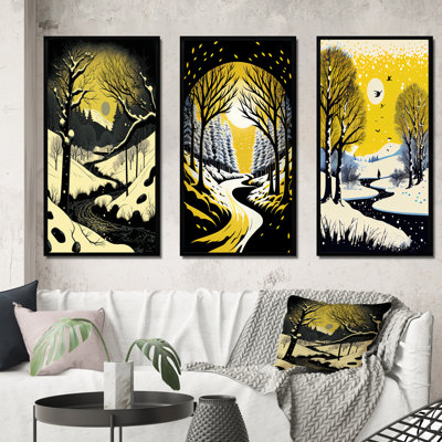 «Winter Trees With Snow Mountain River», 3 pièces sur toile