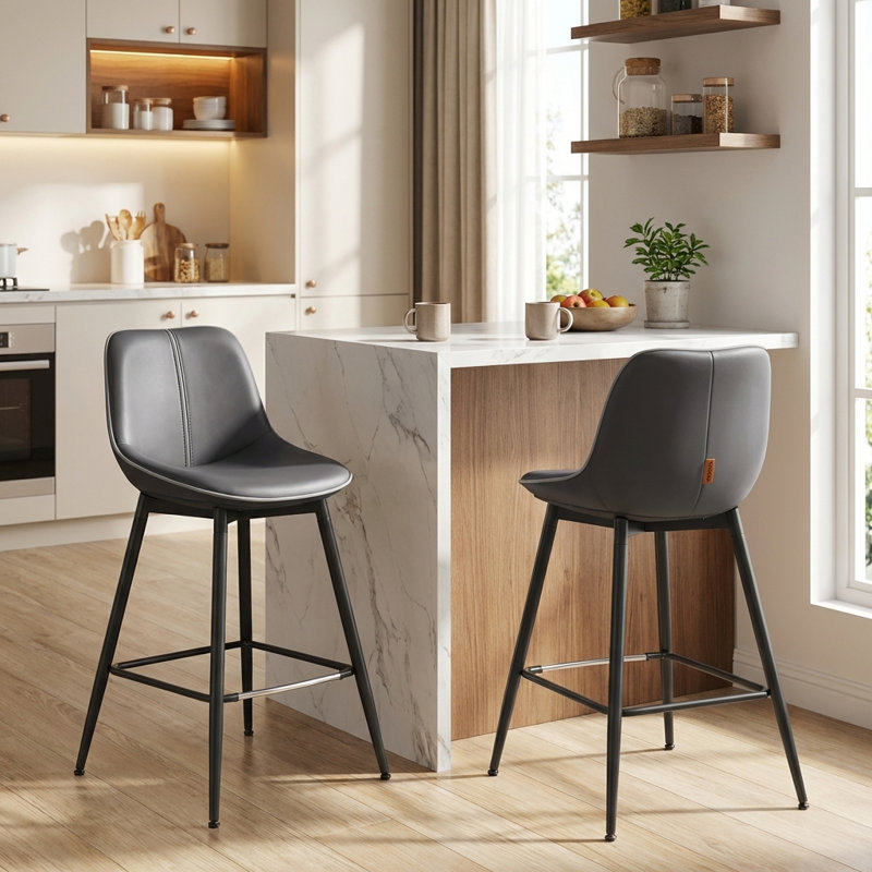 Borna 17.7''W x 15.7''D Mid-Century Faux Leather Bar Stools/ Counter Stools with Steel Frame & Footrest, Black