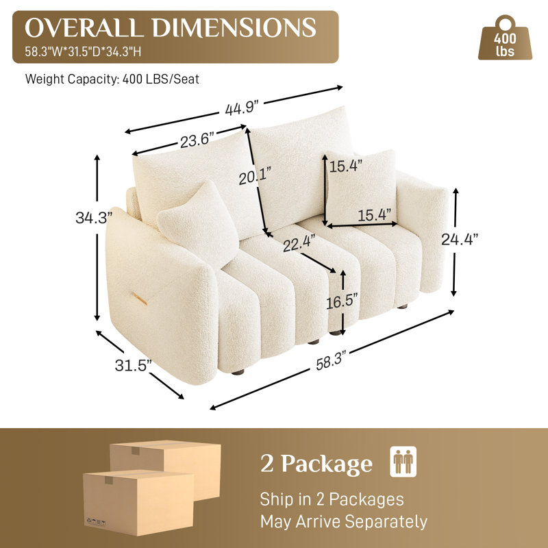 58'' Teddy Fabric Loveseat Modern Upholstered Sofa, Beige White