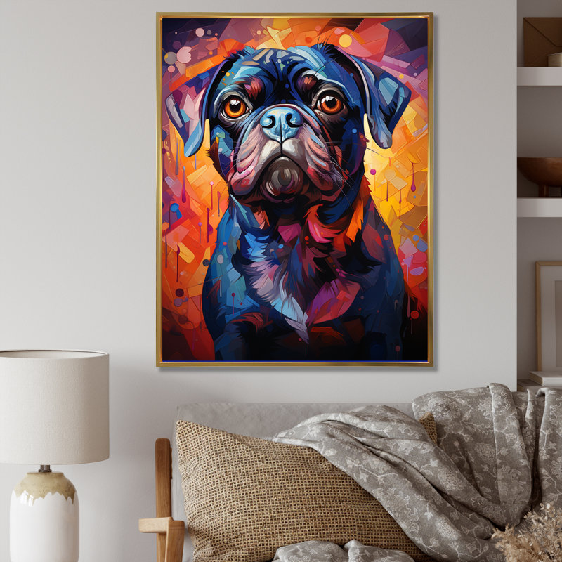 Popart Pug Parade VI sur toile, H 44 po x l 34 po x P 1,5 po, Cadre flottant doré
