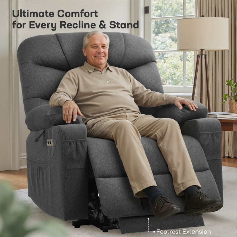 Dual Motor Power Lift Chair Recliner for Elderly with Massage and Heat, Infinite Position Electric Lift Recliner with USB A&C, Cup Holders (T6012 - Linen Fabric, Gray, Oversized )