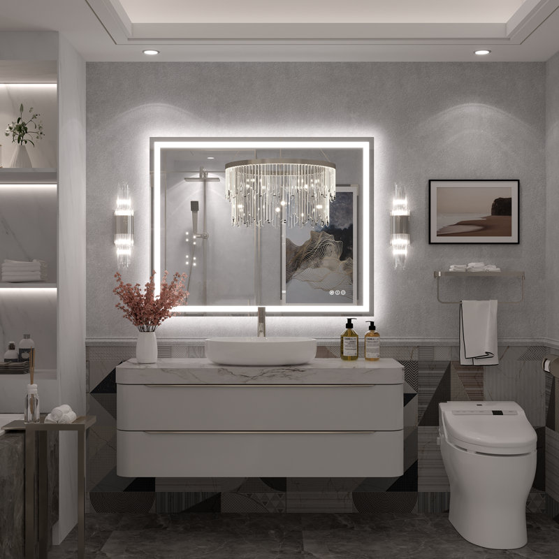 Molly Framelss or Framed LED Anti-Fog Tempered Glass Wall Bathroom Vanity Mirror - UL Certified, 40" x 32", Clear