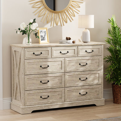 Farmhouse 9 Drawers Dresser For Bedroom, 52" Wide Wood Rustic Chest Of Drawers With Natural Texture, Vintage Design, Storage Dressers Organizer For Bedroom, Living Room