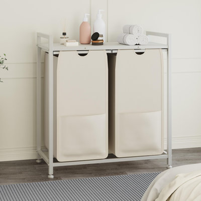 Trieur de linge, panier à linge blanc autoportant, organisateurs et rangement à 2 sections, sacs en tissu coulissants, tablette en panneau de fibres à densité moyenne d'une capacité de 100 lb, structure en métal, sacs de 48 litres